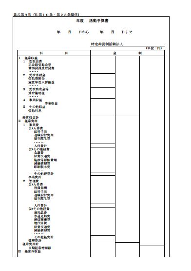 設立当初の事業年度及び翌事業年度の活動予算書